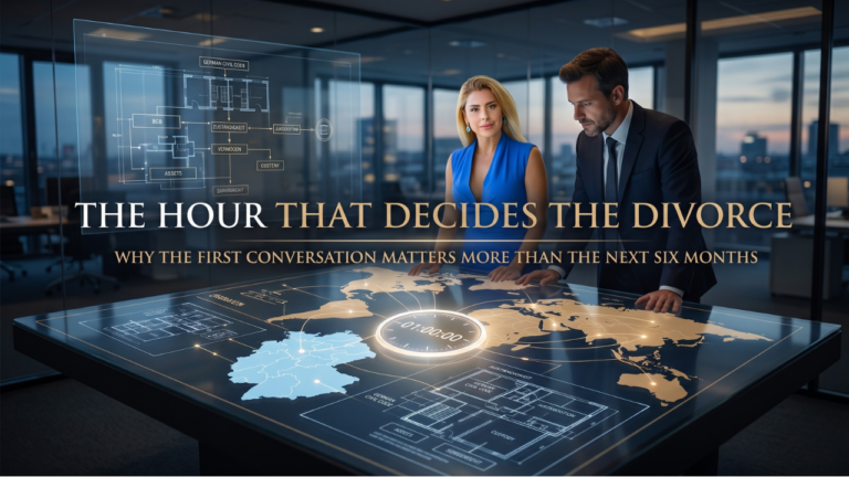 A professional blog cover featuring the title "The Hour That Decides the Divorce: Why the First Conversation Matters More Than the Next Six Months." The image represents international family law and cross-border divorce, highlighting the importance of an initial legal consultation, jurisdiction, and informed legal guidance for international couples navigating divorce involving different countries, legal systems, children, and assets.