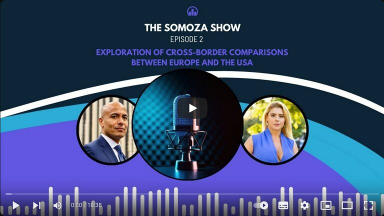 The Somoza Show Episode 2 – Exploration of cross-border comparisons between Europe and the USA, featuring a microphone graphic with portraits of the host and Attorney Vera Sombrano