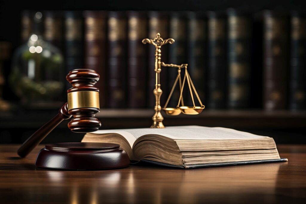 Wooden gavel, open law book, and golden scales of justice in front of shelves filled with legal books, symbolizing authority and the legal system.